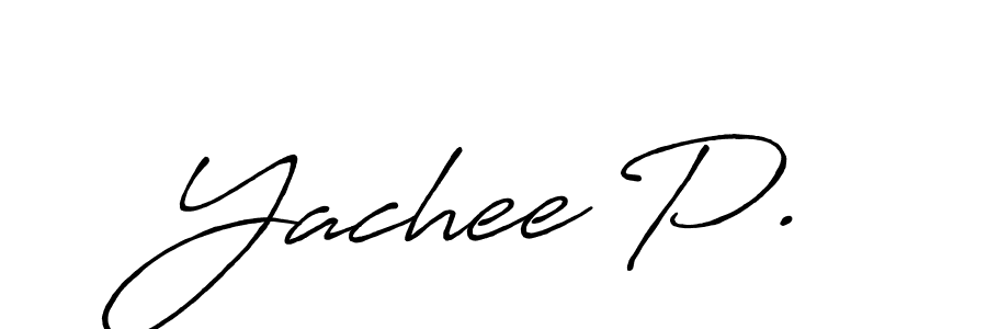 The best way (Antro_Vectra_Bolder) to make a short signature is to pick only two or three words in your name. The name Yachee P. include a total of six letters. For converting this name. Yachee P. signature style 7 images and pictures png