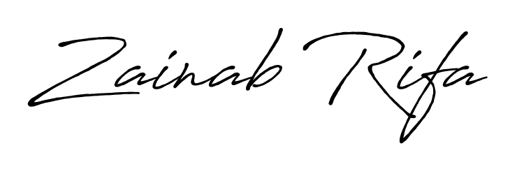 Looking for an artistic signature for Zainab Rifa? The Antro_Vectra_Bolder calligraphy style gives a sophisticated flow suitable for business cards and emails. Zainab Rifa signature style 7 images and pictures png