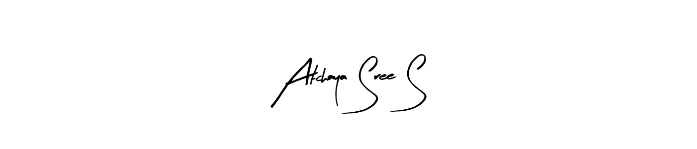 The best way (Arty Signature) to make a short signature is to pick only two or three words in your name. The name Atchaya Sree S include a total of six letters. For converting this name. Atchaya Sree S signature style 8 images and pictures png