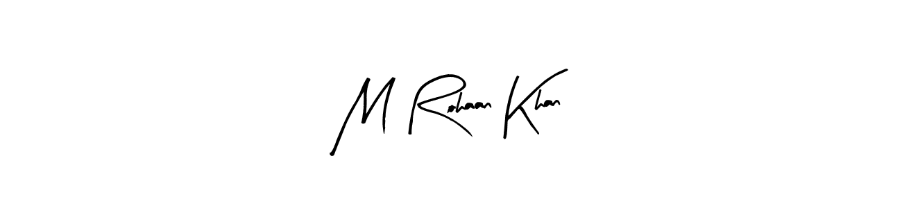 The best way (Arty Signature) to make a short signature is to pick only two or three words in your name. The name M Rohaan Khan include a total of six letters. For converting this name. M Rohaan Khan signature style 8 images and pictures png