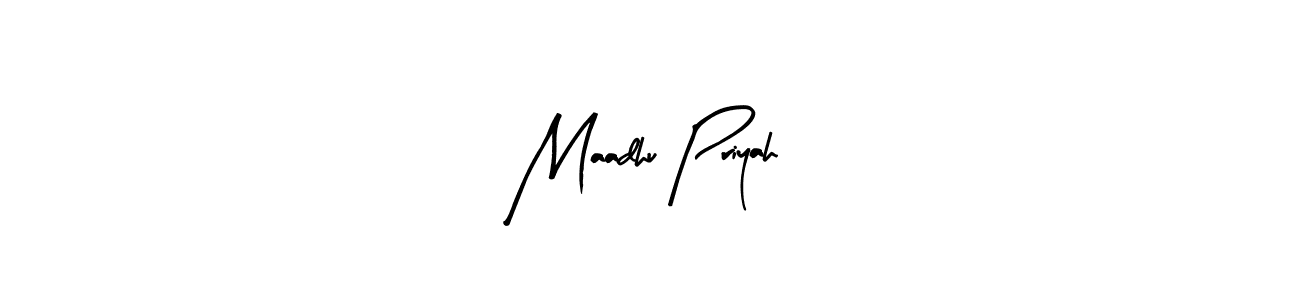 The best way (Arty Signature) to make a short signature is to pick only two or three words in your name. The name Maadhu Priyah include a total of six letters. For converting this name. Maadhu Priyah signature style 8 images and pictures png