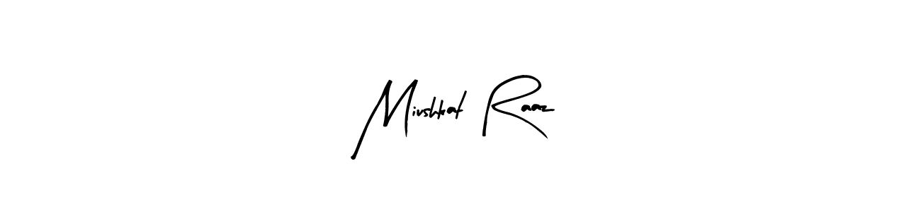The best way (Arty Signature) to make a short signature is to pick only two or three words in your name. The name Miushkat Raaz include a total of six letters. For converting this name. Miushkat Raaz signature style 8 images and pictures png