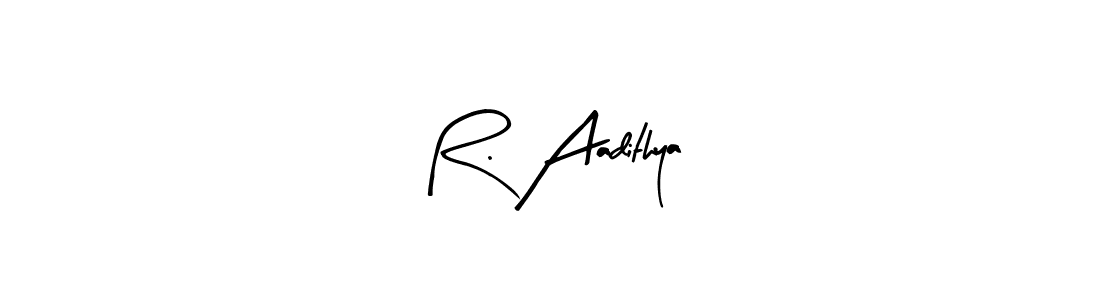 The best way (Arty Signature) to make a short signature is to pick only two or three words in your name. The name R. Aadithya include a total of six letters. For converting this name. R. Aadithya signature style 8 images and pictures png