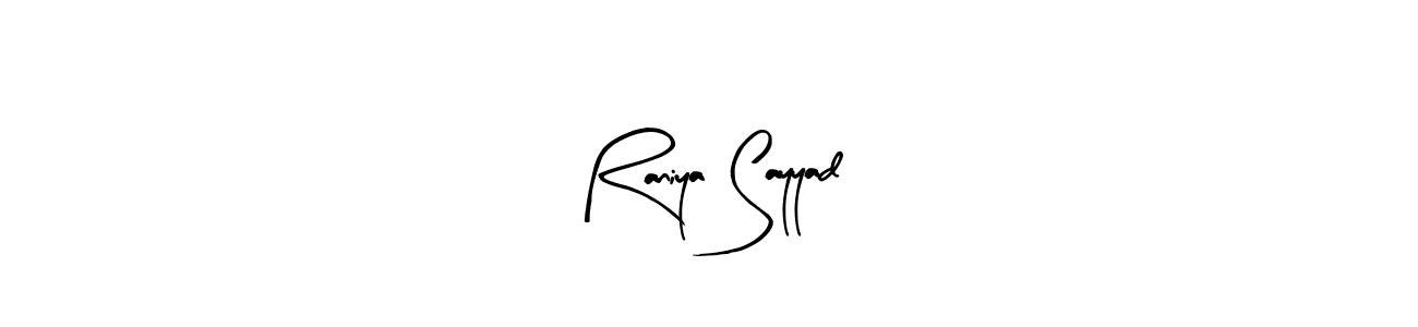 if you are searching for the best signature style for your name Raniya Sayyad. so please give up your signature search. here we have designed multiple signature styles  using Arty Signature. Raniya Sayyad signature style 8 images and pictures png