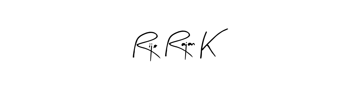 The best way (Arty Signature) to make a short signature is to pick only two or three words in your name. The name Rijo Rajan K include a total of six letters. For converting this name. Rijo Rajan K signature style 8 images and pictures png