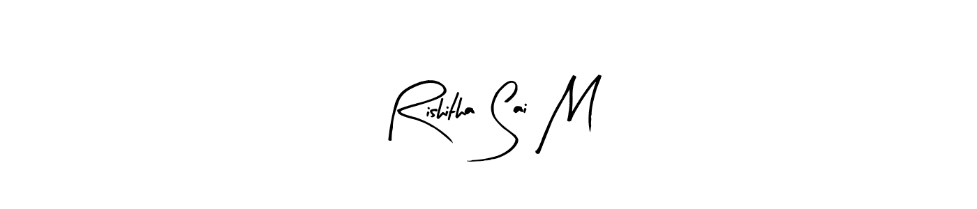 The best way (Arty Signature) to make a short signature is to pick only two or three words in your name. The name Rishitha Sai M include a total of six letters. For converting this name. Rishitha Sai M signature style 8 images and pictures png