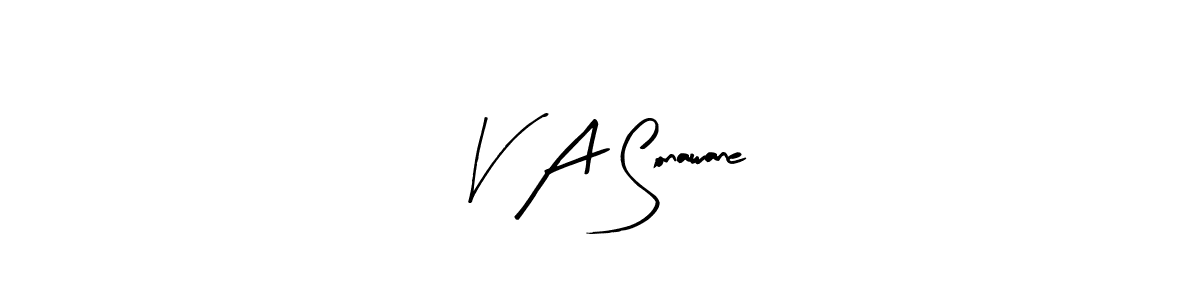 The best way (Arty Signature) to make a short signature is to pick only two or three words in your name. The name V A Sonawane include a total of six letters. For converting this name. V A Sonawane signature style 8 images and pictures png