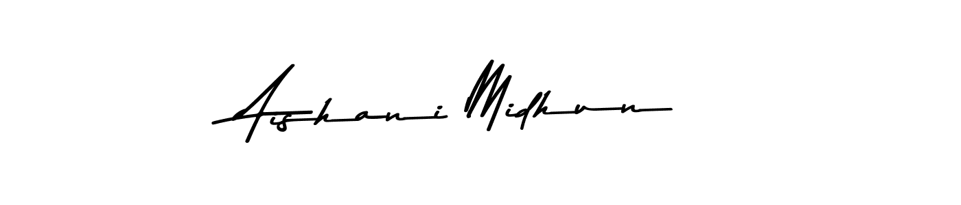 How to make Aishani Midhun name signature. Use Asem Kandis PERSONAL USE style for creating short signs online. This is the latest handwritten sign. Aishani Midhun signature style 9 images and pictures png
