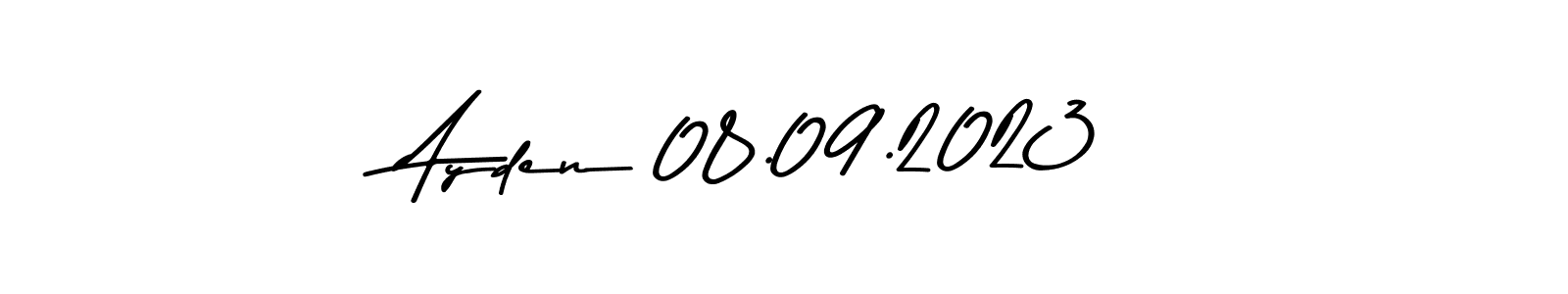 How to make Ayden 08.09.2023 name signature. Use Asem Kandis PERSONAL USE style for creating short signs online. This is the latest handwritten sign. Ayden 08.09.2023 signature style 9 images and pictures png