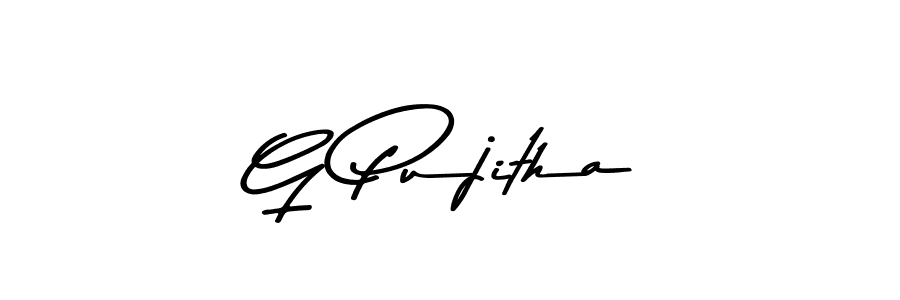 How to make G Pujitha name signature. Use Asem Kandis PERSONAL USE style for creating short signs online. This is the latest handwritten sign. G Pujitha signature style 9 images and pictures png