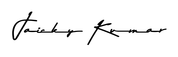 The Asem Kandis PERSONAL USE typeface gives name Jaicky Kumar a refined look. Suitable for certificates, diplomas, and official verification. Jaicky Kumar signature style 9 images and pictures png