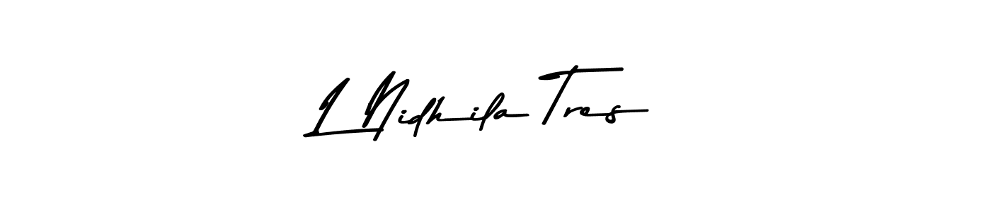 How to make L Nidhila Tres name signature. Use Asem Kandis PERSONAL USE style for creating short signs online. This is the latest handwritten sign. L Nidhila Tres signature style 9 images and pictures png