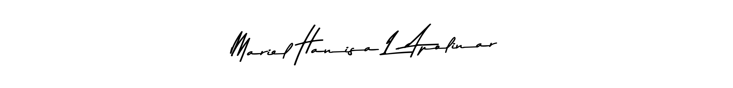 The best way (Asem Kandis PERSONAL USE) to make a short signature is to pick only two or three words in your name. The name Mariel Hanisa L. Apolinar include a total of six letters. For converting this name. Mariel Hanisa L. Apolinar signature style 9 images and pictures png