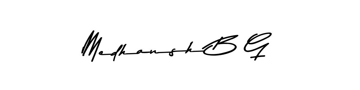 The best way (Asem Kandis PERSONAL USE) to make a short signature is to pick only two or three words in your name. The name Medhansh B G include a total of six letters. For converting this name. Medhansh B G signature style 9 images and pictures png