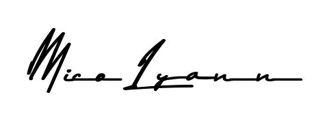 A sleek calligraphic signature for name Mico Lyann utilizing Asem Kandis PERSONAL USE styling. Great for adding personal signatures to photos and art. Mico Lyann signature style 9 images and pictures png