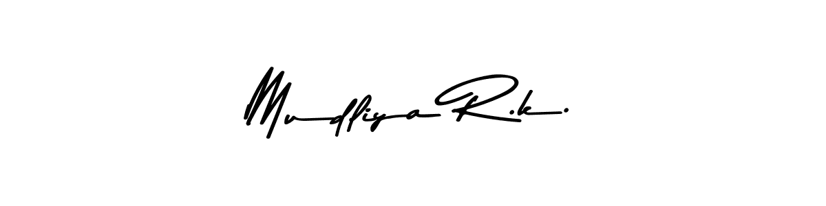 How to make Mudliya R.k. name signature. Use Asem Kandis PERSONAL USE style for creating short signs online. This is the latest handwritten sign. Mudliya R.k. signature style 9 images and pictures png