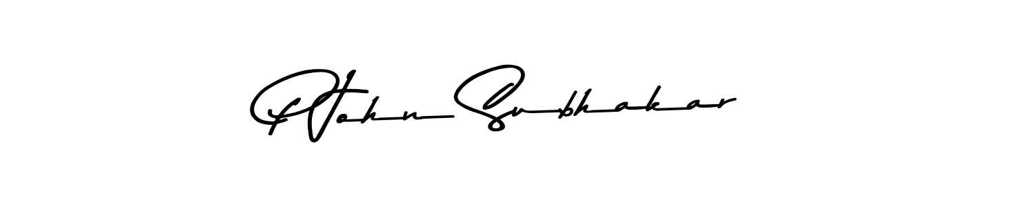 How to make P John Subhakar name signature. Use Asem Kandis PERSONAL USE style for creating short signs online. This is the latest handwritten sign. P John Subhakar signature style 9 images and pictures png