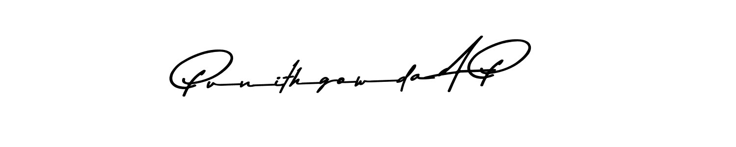 How to make Punithgowda A P name signature. Use Asem Kandis PERSONAL USE style for creating short signs online. This is the latest handwritten sign. Punithgowda A P signature style 9 images and pictures png