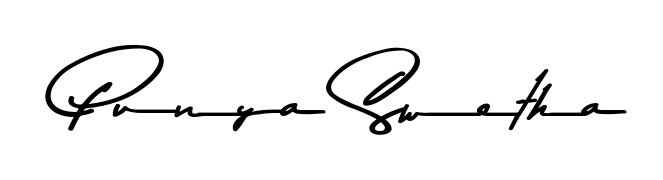 A sleek calligraphic signature for name Punya Swetha utilizing Asem Kandis PERSONAL USE styling. Great for adding personal signatures to photos and art. Punya Swetha signature style 9 images and pictures png
