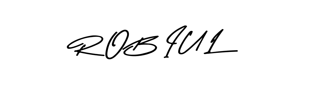 How to make R O B I U L name signature. Use Asem Kandis PERSONAL USE style for creating short signs online. This is the latest handwritten sign. R O B I U L signature style 9 images and pictures png