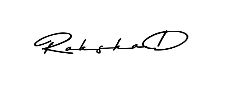 How to make Raksha D name signature. Use Asem Kandis PERSONAL USE style for creating short signs online. This is the latest handwritten sign. Raksha D signature style 9 images and pictures png