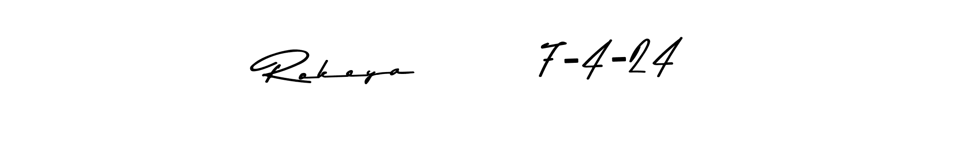 The best way (Asem Kandis PERSONAL USE) to make a short signature is to pick only two or three words in your name. The name Rokeya        7-4-24 include a total of six letters. For converting this name. Rokeya        7-4-24 signature style 9 images and pictures png