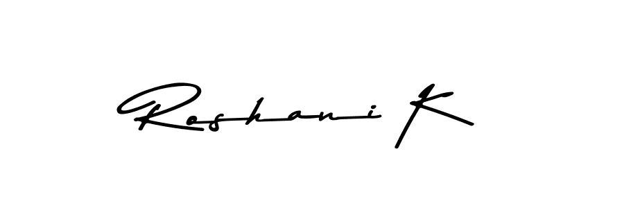 How to make Roshani K name signature. Use Asem Kandis PERSONAL USE style for creating short signs online. This is the latest handwritten sign. Roshani K signature style 9 images and pictures png