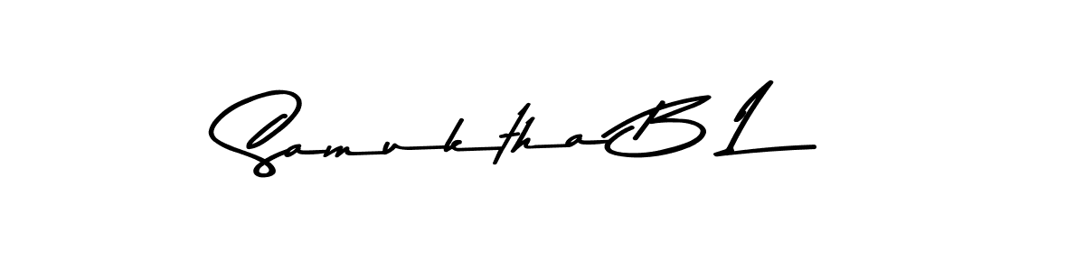 The best way (Asem Kandis PERSONAL USE) to make a short signature is to pick only two or three words in your name. The name Samuktha B L include a total of six letters. For converting this name. Samuktha B L signature style 9 images and pictures png