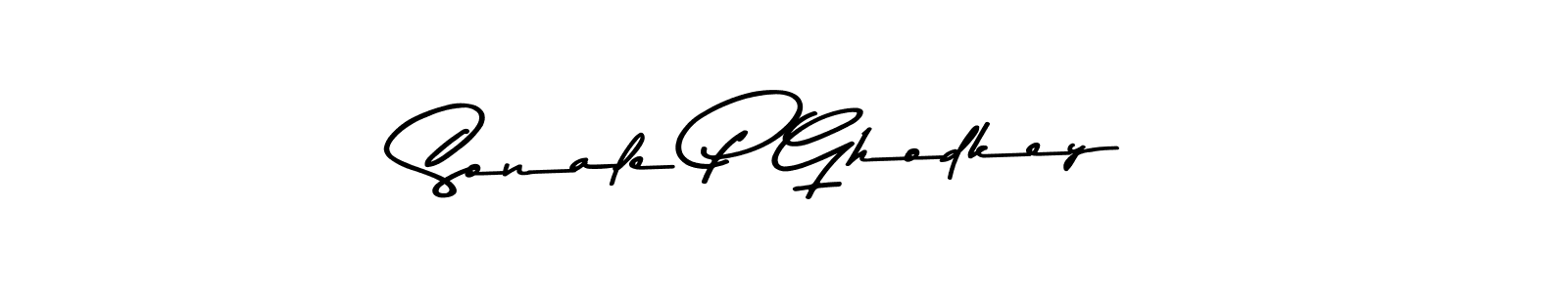 How to make Sonale P Ghodkey name signature. Use Asem Kandis PERSONAL USE style for creating short signs online. This is the latest handwritten sign. Sonale P Ghodkey signature style 9 images and pictures png