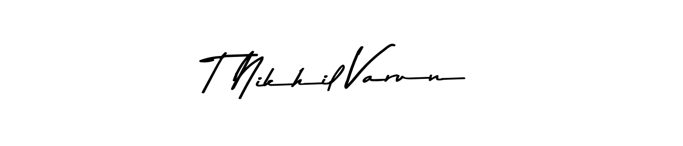 How to make T Nikhil Varun name signature. Use Asem Kandis PERSONAL USE style for creating short signs online. This is the latest handwritten sign. T Nikhil Varun signature style 9 images and pictures png