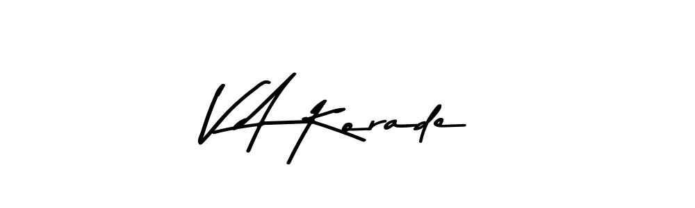 How to make V A Korade name signature. Use Asem Kandis PERSONAL USE style for creating short signs online. This is the latest handwritten sign. V A Korade signature style 9 images and pictures png