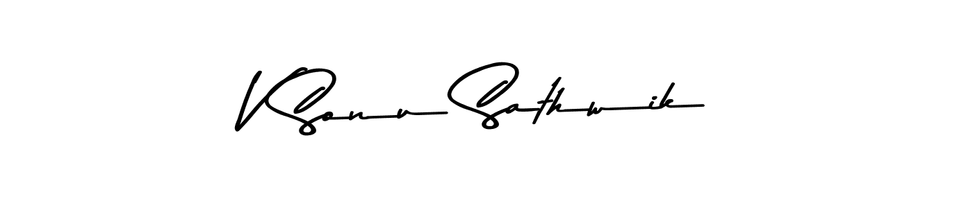 The best way (Asem Kandis PERSONAL USE) to make a short signature is to pick only two or three words in your name. The name V Sonu Sathwik include a total of six letters. For converting this name. V Sonu Sathwik signature style 9 images and pictures png