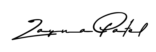 The Asem Kandis PERSONAL USE typeface gives name Zayna Patel a refined look. Suitable for certificates, diplomas, and official verification. Zayna Patel signature style 9 images and pictures png